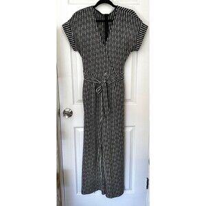 MNG Mango Black & White Knit Jumpsuit Jumper W/Tie Waist V-Neck Women’s Size Med